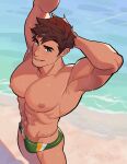  1boy abs absurdres alex_(stardew_valley) arm_behind_head bara beach brown_hair day green_eyes green_male_swimwear highres large_pectorals looking_at_viewer male_focus male_swimwear milkiato muscular muscular_male navel nipples outdoors pectorals short_hair smile solo stardew_valley swim_briefs 