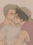  2boys black_eyes black_hair blush couple eye_contact face-to-face green_hair hand_on_another&#039;s_back hat highres imminent_kiss looking_at_another male_focus monkey_d._luffy multiple_boys one_piece red_vest roronoa_zoro scar scar_on_cheek scar_on_chest scar_on_face shirt short_hair shy sideburns straw_hat sweatdrop toned toned_male vest white_shirt yaoi yayarunaway yellow_background 