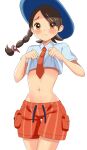  alice_(pixiv80284903) blue_headwear blush braid brown_eyes brown_hair commentary_request hat juliana_(pokemon) lifted_by_self midriff naranja_academy_school_uniform navel necktie orange_necktie orange_shorts parted_bangs pocket pokemon pokemon_(game) pokemon_sv school_uniform shirt short_hair short_sleeves shorts simple_background single_braid striped striped_shorts swept_bangs vertical-striped_shorts vertical_stripes white_background white_shirt 