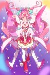  2girls :d animal_ears blue_bow boots bow brooch bubble_skirt capelet closed_mouth commentary cone_hair_bun cure_precious cure_precious_(party_up_style) delicious_party_precure double_bun earrings floating fox_ears fox_girl fox_tail hair_bow hair_bun head_wreath heart heart_brooch highres hug hug_from_behind jewelry knee_boots kome-kome_(precure)_(human) long_hair looking_at_another looking_up magical_girl monster_rally multiple_girls nagomi_yui off-shoulder_shirt off_shoulder open_mouth own_hands_together petals pink_eyes pink_hair precure purple_eyes red_capelet red_footwear red_skirt shirt skirt smile tail thighhighs twintails two_side_up very_long_hair watch white_thighhighs wristband wristwatch 