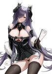  1girl absurdres august_von_parseval_(azur_lane) azur_lane bikini black_bikini black_dress black_hair black_horns black_panties black_thighhighs blush breasts cleavage clothing_cutout coat cross-laced_clothes cross-laced_dress detached_sleeves dress fur-trimmed_coat fur_trim gloves hai_binggan hair_over_eyes hair_over_one_eye highres horns large_breasts long_hair looking_at_viewer panties sidelocks simple_background sitting smile solo swimsuit thighhighs thighs underwear very_long_hair white_background white_fur white_gloves 