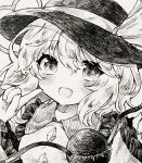  1girl collared_shirt commentary_request enruchan frilled_shirt_collar frilled_sleeves frills hat hat_ribbon highres komeiji_koishi long_sleeves looking_at_viewer monochrome open_mouth pen_(medium) portrait ribbon shirt smile solo third_eye touhou traditional_media 