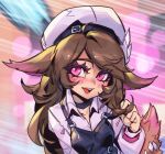  1girl animal_ears blush brown_hair k/da_lillia league_of_legends lillia_(league_of_legends) long_hair long_sleeves looking_to_the_side official_alternate_costume official_alternate_hairstyle open_mouth phantom_ix_row pink_eyes smile solo teamfight_tactics teeth upper_body upper_teeth_only white_hair 