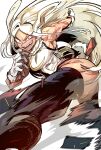  1girl animal_ears boku_no_hero_academia breasts dark_skin fangs gloves highres kicking long_hair margare mirko muscular muscular_female rabbit_ears rabbit_tail solo tail tan thighhighs white_gloves white_hair 