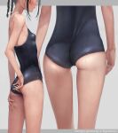 1girl adjusting_clothes adjusting_swimsuit ass bare_shoulders black_one-piece_swimsuit breasts competition_school_swimsuit flat_chest grey_background head_out_of_frame highres medium_hair multiple_views murakami_suigun one-piece_swimsuit original school_swimsuit simple_background swimsuit water_drop wet 
