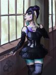  absurd_res anthro armwear black_clothing black_dress clothed clothing dress female fishnet fishnet_armwear fully_clothed fully_clothed_anthro goth goth_clothing hi_res inside lagomorph leporid looking_through looking_through_window mammal rabbit solo sydney_onmars 