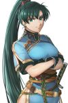  1girl blue_dress delsaber dress earrings fire_emblem fire_emblem:_the_blazing_blade green_eyes green_hair high_ponytail highres jewelry long_hair looking_at_viewer lyn_(fire_emblem) pelvic_curtain rope_belt side_slit simple_background solo sword very_long_hair weapon white_background 