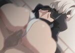  1boy 1girl 2b_(nier:automata) anus ass black_blindfold black_hairband blindfold blush breasts censored cowgirl_position girl_on_top hairband hara_(harayutaka) hetero highres mosaic_censoring nier:automata nier_(series) open_mouth penis sex short_hair solo_focus straddling thighhighs vaginal white_hair 