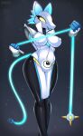  absurd_res anthro big_breasts blue_hair breasts bulge clothing darkner deltarune floating_hands glowing glowing_eyes gynomorph hair hi_res intersex machine null_bulge robot solo tasque_manager thick_thighs undertale_(series) xorza yellow_eyes 