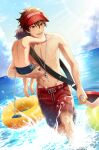  3boys absurdres beach blue_male_swimwear brown_eyes brown_hair carrying ensemble_stars! highres innertube kindo lifeguard male_focus male_swimwear morisawa_chiaki multiple_boys navel ocean open_mouth red_male_swimwear short_hair smile stomach topless_male visor_cap 