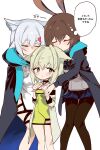  3girls ? absurdres aged_down amiya_(arknights) animal_ear_fluff animal_ears arknights bare_shoulders blush brown_hair cat_ears cat_girl closed_eyes green_eyes green_hair grey_hair group_hug heart highres hood hug jacket kal&#039;tsit_(arknights) kinbakuman long_hair multiple_girls open_clothes open_jacket pantyhose rabbit_ears rosmontis_(arknights) shirt skirt white_shirt 