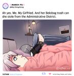  2girls 500_dollar_four_foot_tall_mareep_(meme) absurdres arzeek_art bed bedroom blanket blue_eyes english_text greyscale highres honkai:_star_rail honkai_(series) like_and_retweet march_7th_(honkai:_star_rail) meme monochrome multiple_girls on_bed pink_hair stelle_(honkai:_star_rail) trailblazer_(honkai:_star_rail) trash_can trashcan_lid twitter yuri 