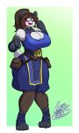  2023 anthro bear big_breasts black_body black_fur blue_eyes blush blush_lines breasts brown_hair cleavage clothed clothing fangs female fur giant_panda hair hi_res huge_breasts looking_aside lunarspy mammal multicolored_body multicolored_fur open_mouth rilao_(pandarilao) smile solo standing teeth text thick_thighs watermark white_body white_fur 