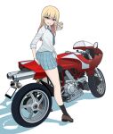  1girl absurdres aqua_skirt black_socks blonde_hair brown_footwear commentary dress_shirt ducati ducati_mh900e from_side front-tie_top grin highres kano_(nakanotakahiro1029) kitagawa_marin loafers long_hair long_sleeves looking_at_viewer looking_back mixed-language_commentary motor_vehicle motorcycle on_motorcycle pleated_skirt red_eyes school_uniform shadow shirt shoes simple_background skirt sleeves_rolled_up smile socks solo sono_bisque_doll_wa_koi_wo_suru v white_background white_shirt 