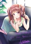  1girl absurdres blunt_bangs blush bracelet brown_hair cherry_print collarbone couch dated dress eunho1214 food_print green_dress hand_on_own_cheek hand_on_own_face happy_birthday highres holding holding_hair idolmaster idolmaster_cinderella_girls indoors jewelry kneeling looking_at_viewer ogata_chieri on_couch sidelocks signature sleeveless sleeveless_dress smile solo twintails 