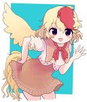  1girl animal animal_on_head bird bird_on_head bird_tail bird_wings blonde_hair blush_stickers chick cowboy_shot cropped_legs dress feathered_wings highres multicolored_hair niwatari_kutaka on_head open_mouth orange_dress red_eyes red_hair rei_(tonbo0430) revision short_hair short_sleeves smile solo tail touhou two-tone_hair wings yellow_wings 