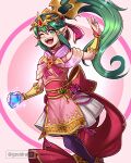  1girl ;d circlet commentary_request dragonstone dress feet_out_of_frame fire_emblem fire_emblem:_shadow_dragon_and_the_blade_of_light green_eyes green_hair gzei highres holding long_hair looking_at_viewer one_eye_closed open_mouth pink_background pink_dress pointy_ears ponytail purple_thighhighs skirt smile solo thighhighs tiki_(fire_emblem) tiki_(young)_(fire_emblem) white_skirt 