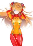  1girl blue_eyes bodysuit breasts brown_hair closed_mouth cofffee evangelion:_2.0_you_can_(not)_advance highres interface_headset long_hair looking_at_viewer medium_breasts multicolored_bodysuit multicolored_clothes neon_genesis_evangelion orange_bodysuit pilot_suit plugsuit rebuild_of_evangelion red_bodysuit simple_background skin_tight solo souryuu_asuka_langley test_plugsuit two-tone_bodysuit two_side_up white_background 