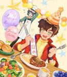  +_+ 2boys :d apron balloon black_pants blue_eyes blue_hair blue_sweater blueberry bread broccoli brown_hair chef_hat cherry_tomato collared_shirt cup curry curry_rice dated drooling dutch_angle egg_(food) flying_sweatdrops food fork fruit green_eyes gundam gundam_zz happy_birthday hat high_collar highres holding holding_fork holding_knife honjitsu_no_shuyaku jacket judau_ashta kamille_bidan knife long_sleeves male_focus mouth_drool mug multiple_boys open_clothes open_jacket open_mouth orange_headwear pants party_hat plate red_jacket rice salad sash shirt shoulder_sash smile softboiled_egg soup spoon star_(symbol) sweater table thick_eyebrows tomato udatsu0.i vegetable white_apron yellow_shirt zeta_gundam 