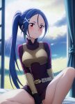  1girl ai_retouch belt blush curtains highres long_hair mito_(sao) ponytail red_eyes short_shorts shorts sitting solo sword_art_online 