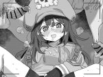 1girl 3boys barbarian_tk battery_indicator bike_shorts cum cum_on_clothes facial greyscale guilty_gear hair_between_eyes hat may_(guilty_gear) monochrome multiple_boys penis recording skull_and_crossbones spread_legs viewfinder 