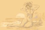  2023 absurd_res anthro beach big_ears breasts dhakkar digital_media_(artwork) female genitals hair hi_res horn looking_at_viewer navel nipples nude open_mouth palms pubes pussy sand sea seaside sentry_(duscride) simple_background sketch smile solo spiked_tail spikes spikes_(anatomy) sun wanderertamplior water 