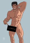  1boy arm_behind_head bar_censor bara beard_stubble black_hair censored completely_nude erection feet_out_of_frame highres large_pectorals light_blush lucas_lee male_focus monmonhomon muscular muscular_male nude paid_reward_available pectorals penis pointing_at_penis sample_watermark scott_pilgrim_takes_off seductive_smile short_hair smile smirk solo sparse_stubble standing text_censor thick_eyebrows twitching_penis watermark 