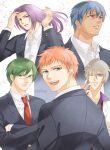  5boys :d absurdres artist_name black_jacket blazer blue_eyes blue_hair earclip facial_hair gakuen_handsome glasses green_eyes grey_hair highres jacket kagami_renji long_hair long_sleeves looking_at_viewer male_focus mitsurugi_sakuya_(gakuen_handsome) multiple_boys necktie o9mtr one_eye_closed pointy_chin purple_eyes purple_hair red_eyes red_necktie saotome_takuya shiga_shingo short_hair smile stubble teruhiko_saionji white_background 