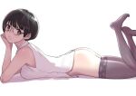  1girl ass black_hair black_thighhighs bottomless breasts brown_eyes dytm from_side glasses hand_on_own_cheek hand_on_own_face legs_up looking_at_viewer looking_to_the_side lying medium_breasts mole no_shoes on_stomach original shirt short_hair simple_background sleeveless sleeveless_shirt solo thighhighs white_background white_shirt 