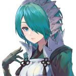  1girl absurdres aqua_hair black_gloves blue_eyes eyelashes fire_emblem fire_emblem_fates gloves hair_over_one_eye highres jurge looking_at_viewer mixed-language_commentary pink_lips setsuna_(fire_emblem) simple_background solo upper_body white_background white_headdress 