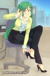  1girl absurdres black_pants blush boku_no_hero_academia breasts chair city cleavage computer day green_hair high_heels highres indoors lapels large_breasts leaning_forward long_hair office_chair office_lady pants pumps ragdoll_(boku_no_hero_academia) rtil sitting solo swivel_chair yellow_eyes 