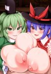  1boy 2girls ascot black_headwear blue_hair blush breasts breasts_out breasts_squeezed_together commentary frilled_shirt_collar frilled_sleeves frills green_eyes green_hair green_shirt hat hat_ribbon hetero huge_breasts implied_paizuri looking_at_viewer monaka_(gatinemiku) multiple_girls nagae_iku nipples open_clothes open_mouth open_shirt pink_shirt red_ascot red_eyes red_ribbon ribbon shirt short_hair smile soga_no_tojiko sun_hat sweat symbol-only_commentary tate_eboshi touhou 