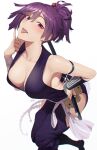  1girl :3 arm_guards armpits artist_name bare_shoulders blush breasts cleavage collarbone dress full_body hair_between_eyes hair_ornament hand_on_own_hip highres jebi jigokuraku long_hair looking_at_another looking_at_viewer medium_breasts open_mouth pointing pointing_up ponytail purple_eyes purple_hair sheath short_hair sideboob simple_background sleeveless smile solo sword thighs tongue tongue_out unsheathing weapon white_background yuzuriha_(jigokuraku) 