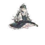  1girl ahoge ankle_ribbon black_bow black_bowtie black_headband black_headwear blush bow bowtie brown_eyes detached_sleeves dress g11_(girls&#039;_frontline) g11_(the_rex_rabbit_in_search_of_courage)_(girls&#039;_frontline) girls&#039;_frontline green_brooch green_dress green_footwear hair_between_eyes hat headband holding leg_ribbon long_hair long_sleeves looking_at_viewer mary_janes official_alternate_costume official_art one_eye_closed open_mouth pantyhose puffy_detached_sleeves puffy_sleeves ribbon shoes sitting sleeves_past_wrists solo starshadowmagician stuffed_animal stuffed_rabbit stuffed_toy torn_headband transparent_background very_long_hair white_pantyhose white_sleeves x_x yokozuwari 