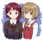  2girls asymmetrical_hair asymmetrical_sidelocks badge black_jacket black_ribbon blazer blonde_hair blue_background brown_eyes brown_hair brown_ribbon buttons closed_mouth collared_shirt commentary dress expressionless hair_between_eyes hair_ornament hairclip hidamari_sketch highres iwakura_lain jacket looking_at_viewer multiple_girls neck_ribbon red_dress ribbon serial_experiments_lain shirt short_hair sidelocks single_sidelock smile upper_body white_shirt x_hair_ornament yellow_eyes yuno_(hidamari_sketch) zawabug 