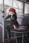  1girl absurdres artist_name black_jacket black_thighhighs bow bus_interior buttons closed_mouth commentary crossed_legs day earrings elbow_rest full_body hair_bow hand_on_own_face highres jacket jewelry loafers long_hair long_sleeves miniskirt persona persona_5 persona_5_the_royal plaid plaid_skirt pleated_skirt ponytail ra_torens red_bow red_eyes red_footwear red_hair red_skirt shirt shoes sideways_glance sitting skirt solo thighhighs white_shirt window yoshizawa_kasumi 