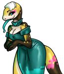  clothing dress female green_clothing hair lizard long_tongue lostwisdom reptile scalie skink solo tongue white_hair yellow_body 