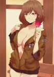  1girl breasts brown_eyes brown_hair brown_jacket cleavage closed_mouth commission delux_drawings flower hair_between_eyes harasaki_nozomi holding holding_flower indoors jacket large_breasts leaning_back leaning_on_object leather leather_jacket long_sleeves looking_at_viewer medium_hair navel no_bra off_shoulder open_clothes open_jacket patch shenmue shenmue_the_animation signature smile solo standing swept_bangs table thighs undressing watermark 