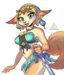  accessory alternate_species anthro blonde_hair blush bottomwear breasts clothed clothing crown ear_piercing eyelashes fangs felid feline felis female fur hair headgear hi_res holding_object holding_sword holding_weapon howaboutgabriel_(artist) jewelry looking_at_viewer mammal master_sword melee_weapon navel necklace nintendo open_mouth piercing princess_zelda skirt smile smiling_at_viewer solo sword tail tears_of_the_kingdom teeth the_legend_of_zelda tiara weapon 
