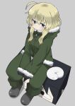  1girl blonde_hair blue_eyes chito_(shoujo_shuumatsu_ryokou) fur_trim gloves grey_background highres hood hooded_jacket jacket long_sleeves military_uniform nuko_(shoujo_shuumatsu_ryokou) objectification pants shoes short_hair shoujo_shuumatsu_ryokou sidelocks simple_background sitting smile uniform yoyohachi yuuri_(shoujo_shuumatsu_ryokou) 