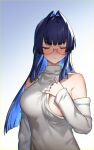  1girl absurdres bare_shoulders bingsardina blue_hair blush breasts closed_eyes colored_inner_hair facing_viewer full-face_blush glasses hair_intakes highres hololive hololive_english large_breasts long_hair long_sleeves multicolored_hair no_bra official_alternate_costume ouro_kronii semi-rimless_eyewear simple_background solo sweater under-rim_eyewear upper_body virtual_youtuber white_background white_sweater 