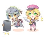  1boy 1girl :d :o alice_(rune_factory) armor blonde_hair blush chibi collared_shirt commentary_request forehead_protector full_body green_eyes green_hair grey_pants hair_between_eyes hammer hat holding holding_hammer holding_sword holding_weapon long_hair long_sleeves looking_at_viewer martin_(rune_factory) mini_mamu open_mouth pants peaked_cap red_headwear red_socks rune_factory rune_factory_5 shirt shoes short_hair smile socks standing swinging sword v-shaped_eyebrows vambraces weapon white_background white_shirt yellow_eyes 