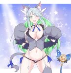  1girl animal_ears areola_slip blue_hair breasts cleavage colored_inner_hair fate/grand_order fate_(series) green_eyes green_hair kukulkan_(fate) large_breasts light_blue_hair midriff multicolored_hair navel nick_(pix425) one_eye_closed open_mouth revealing_clothes solo upper_body 