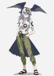 1girl bird_girl bird_tail bird_wings black_footwear black_hair capri_pants casual collared_shirt floral_print full_body green_eyes green_pants grey_hair hair_between_eyes hands_in_pockets head_wings highres japanese_cormorant_(kemono_friends) jewelry kemono_friends kemono_friends_3 long_hair multicolored_hair nail_polish necklace official_alternate_costume pants red_nails sandals shirt sidelocks solo tail tanabe_(fueisei) two-tone_hair white_shirt wings 