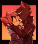  anthro caressing_face clothing clothing_pull domestic_cat duo embrace eyes_closed felid feline felis gentleman hi_res hug imminent_kiss lackadaisy love male male/male mammal mordecai_heller necktie necktie_pull peaceful rocky_rickaby romantic smile sunset warm_lighting webcomic 