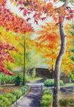  autumn autumn_leaves bush hedge highres leaf maple_leaf miyuchan777 no_humans original painting_(medium) path plant railing traditional_media tree watercolor_(medium) 