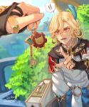  ! !! 2boys alhaitham_(genshin_impact) artist_name blonde_hair blue_gemstone blurry blurry_background earrings feather_hair_ornament feathers fingerless_gloves gem genshin_impact gloves gold_earrings hair_ornament highres jewelry kaveh_(genshin_impact) key male_focus multiple_boys open_mouth out_of_frame partially_fingerless_gloves pointing red_eyes ring shirt signature soc_nau speech_bubble spoken_exclamation_mark surprised twitter_username white_shirt 