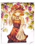  1girl absurdres aki_minoriko apron blonde_hair food fruit grape_hat_ornament grapes hand_on_headwear hat highres leaf long_sleeves mob_cap orange_eyes red_apron red_headwear shirt short_hair smile standing tonan_(l0l0l0l0l0l) touhou white_shirt wide_sleeves 