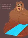  2023 anthro bear belly bodily_fluids brown_body brown_fur butt dialogue digital_media_(artwork) duolingo english_text eyebrows falstaff_(duolingo) fur hi_res male mammal nude open_mouth open_smile overweight overweight_anthro overweight_male rusty_forks simple_background smile solo sweat tail talking_to_viewer tan_body tan_fur teeth text thick_thighs towel 