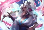  1girl alternate_costume armlet bakamitaii bangle bracelet breasts cleavage crescent day english_commentary highres holding holding_weapon jewelry league_of_legends lipstick long_hair makeup making-of_available medium_breasts outdoors parted_bangs petals pink_nails qiyana_(league_of_legends) solo upper_body weapon white_hair 